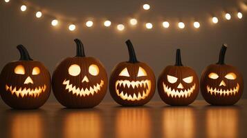 A lineup of intricately carved pumpkins on display each with unique designs from spooky faces to elaborate patterns with a festive autumn backdrop and string lights photo