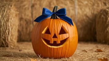 Closeup of a winning pumpkin with a blue ribbon attached featuring an artistic intricate carving set against a backdrop of hay bales and autumn leaves photo