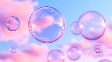 Creative shot of bubble gum bubbles floating in the air against a soft pastel sky with a dreamy surreal atmosphere photo