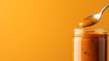 A spoon dipped into a jar of thick ranch sauce with visible flecks of herbs against a neutral gradient background photo