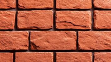 Angled closeup of a rough brick wall painted in burnt orange texture highlighting brick seams and minor surface flaws giving a warm and rustic appeal photo