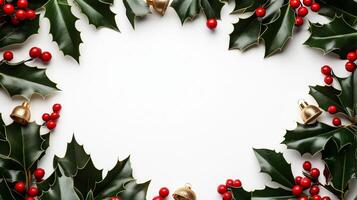 Overhead view of a Christmas style picture frame adorned with holly leaves red berries and golden bells featuring a festive red and green border isolated on a white background photo