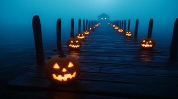 Overhead view of a haunted pier at night with glowing pumpkins floating in the water beneath and ghostly lights hovering above the dark misty surface photo