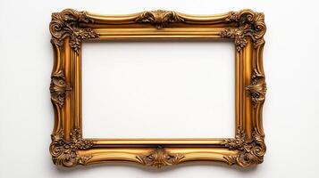 Overhead view of a vintage rectangular picture frame with ornate corners and an elegant distressed gold finish isolated on a white background with ample empty space photo