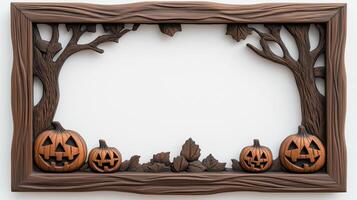Overhead view of a small rectangular Halloween picture frame with dark intricate carvings of haunted trees and jack o lanterns isolated on a white background photo