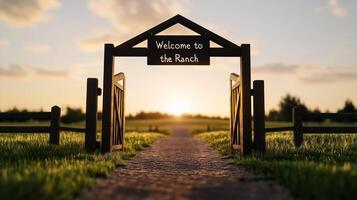 Ranch gate entrance with wooden arches and a swinging sign reading Welcome to the Ranch against a sunrise background photo