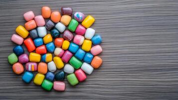 Flat lay of a variety of bubble gum wrappers in retro designs arranged in a circular pattern on a wooden surface photo