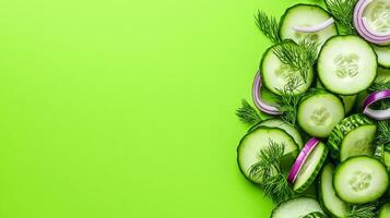 Isolated cucumber salad with diced cucumber red onion and dill on a gradient green background with ample negative space around for text photo