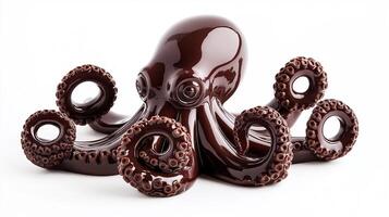 Close up of a chocolate octopus sculpture with intricate details tentacles gracefully curling in a spiral pattern glossy dark chocolate with a subtle sheen isolated on a white background photo
