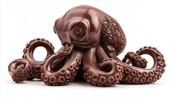 Close up of a chocolate octopus sculpture with intricate details tentacles gracefully curling in a spiral pattern glossy dark chocolate with a subtle sheen isolated on a white background photo