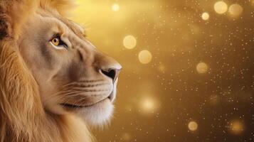Close up of a lions profile with the Lions Gate portal reflected in its eye cosmic energy swirling around and the stars of Leo constellation faintly glowing in the background photo