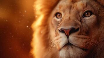 Close up of a lions intense gaze with a luminous portal of light behind it the lions mane blending with the energy of the Lions Gate portal with stars twinkling in the background photo