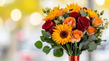 Close up of a vibrant autumn bouquet with burnt orange chrysanthemums deep red roses and yellow sunflowers tied with a ribbon against a soft blurred background of fall foliage photo