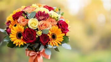 Close up of a vibrant autumn bouquet with burnt orange chrysanthemums deep red roses and yellow sunflowers tied with a ribbon against a soft blurred background of fall foliage photo