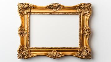 Close up of an antique ornate picture frame with intricate gold detailing and floral patterns isolated on a white background with soft shadows empty space in the center photo