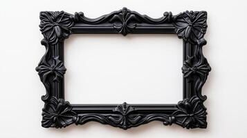 Overhead view of a Halloween style picture frame with ornate black gothic designs featuring spider webs and bat motifs isolated on a white background with soft shadows photo