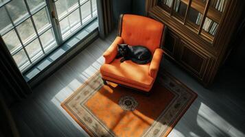 Overhead shot of a cozy reading nook with Halloween themed cushions a black cat curled up and a spooky lamp casting shadows photo