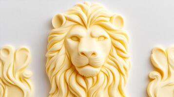 Close up of intricate butter sculpture shaped like a majestic lion with detailed fur texture isolated on a white background slightly melted edges soft yellow hue photo