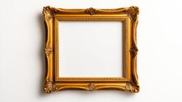 Overhead view of a vintage rectangular picture frame with ornate corners and an elegant distressed gold finish isolated on a white background with ample empty space photo