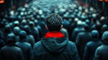 Rear view of a person trying to escape a dense crowd their body language tense and fearful crowd blurred for a sense of urgency photo