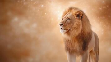 Side view of a lion walking through a shimmering portal with cosmic light patterns and starry constellations visible through the gateway representing the Lions Gate portal photo