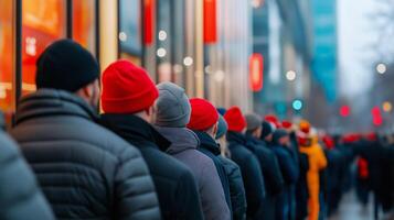 Side view of a massive line of customers outside a store at dawn on Black Friday bundled up in coats and hats with sale banners visible through the windows photo