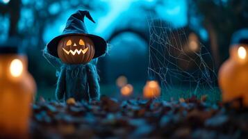 Eerie Halloween garden archway covered in cobwebs lanterns flickering dimly dead leaves scattered around with a creepy scarecrow standing guard photo
