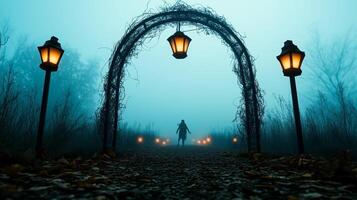 Eerie Halloween garden archway covered in cobwebs lanterns flickering dimly dead leaves scattered around with a creepy scarecrow standing guard photo