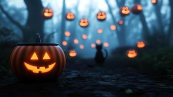 Enchanted Halloween garden with glowing fairy lights jack o lanterns hanging from trees misty air and a mysterious black cat sitting by a cauldron photo