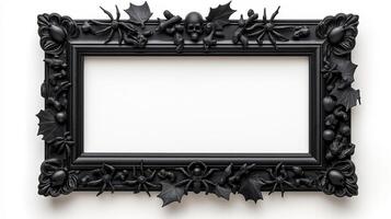 Top view of a rectangular picture frame with creepy Halloween decorations like spiders bats and cracked bones designed in a distressed black finish isolated on white background photo