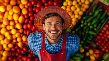 Overhead shot of a happy farmer at an autumn market stall arranging colorful produce smiling as the sunlight filters through the golden leaves overhead photo