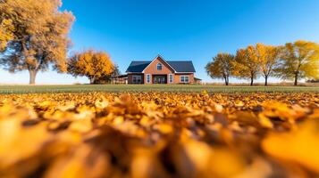 Wide angle shot of a ranch house surrounded by autumn trees with golden leaves scattered on the ground under a clear blue sky photo