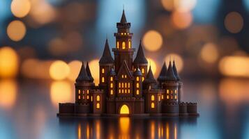 Wide angle shot of a towering chocolate castle with turrets and drawbridge dark chocolate with milk chocolate accents placed on a reflective surface glowing warm lighting photo
