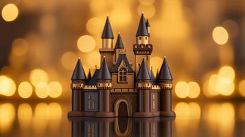 Wide angle shot of a towering chocolate castle with turrets and drawbridge dark chocolate with milk chocolate accents placed on a reflective surface glowing warm lighting photo