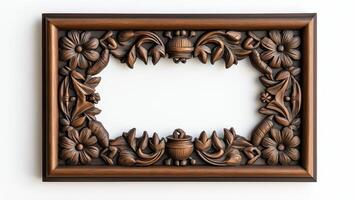 Top down shot of a rectangular Halloween style frame with intricate carvings of witches cauldrons and black cats in a dark vintage finish isolated on a white background photo