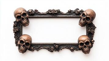 Top down view of a spooky Halloween picture frame with detailed skulls cobwebs and ghostly faces in a dark bronze finish isolated on a white background photo