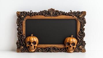 Top down shot of a vintage Halloween picture frame with intricate dark carvings of pumpkins and skulls surrounded by twisted vines isolated on a white background photo