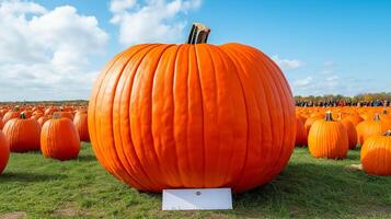 A giant pumpkin at a contest surrounded by smaller pumpkins with a sign indicating its weight and a crowd gathered around festive atmosphere photo