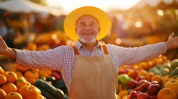 A happy farmer standing with arms outstretched welcoming customers to an autumn market stall colorful pumpkins gourds and apples all around golden autumn sunlight photo