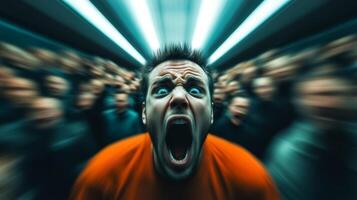 Wide angle shot of a person screaming in panic amidst a large crowd with the crowds faces blurred creating a sense of isolation photo
