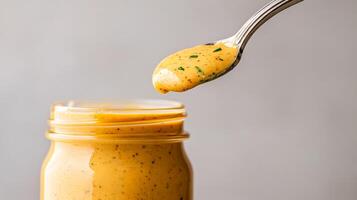 A spoon dipped into a jar of thick ranch sauce with visible flecks of herbs against a neutral gradient background photo