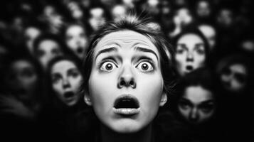 un persona mirando abrumado presionado por un apretado multitud cara en agudo atención mientras el multitud alrededor ellos es borroso intenso atmósfera foto