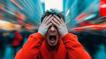 A person clutching their head in panic surrounded by a bustling crowd their figure in sharp focus while the crowd is motion blurred photo