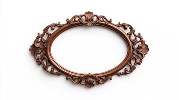 Wide angle shot of a vintage oval shaped picture frame with elaborate carvings and patina featuring baroque style scrolls and leaves isolated on a pure white background photo