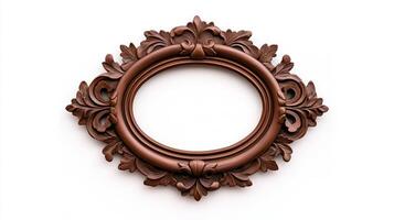 Wide angle shot of a vintage oval shaped picture frame with elaborate carvings and patina featuring baroque style scrolls and leaves isolated on a pure white background photo