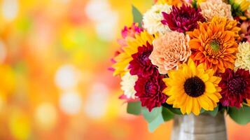 Close up of a vibrant autumn bouquet with sunflowers dahlias and chrysanthemums in rich shades of orange red and yellow arranged in a rustic vase against a soft blurred background of fall foliage photo
