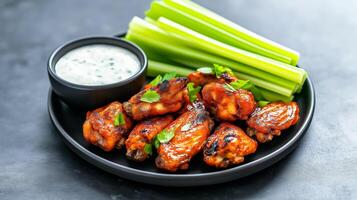 Wide shot of ranch sauce being served alongside grilled chicken wings and crunchy celery sticks set on a dark slate plate photo