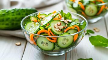 Close up of cucumber salad with spiralized cucumbers carrot curls and toasted almonds served in a transparent glass bowl on a light wooden table photo