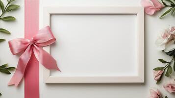 Overhead view of a picture frame featuring a pink ribbon a dove symbol and soft floral patterns in a pastel pink and white color scheme isolated on a white background photo