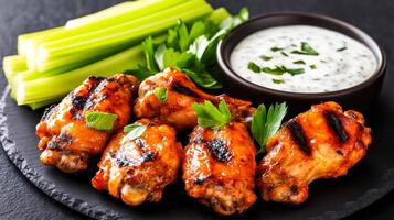 Wide shot of ranch sauce being served alongside grilled chicken wings and crunchy celery sticks set on a dark slate plate photo